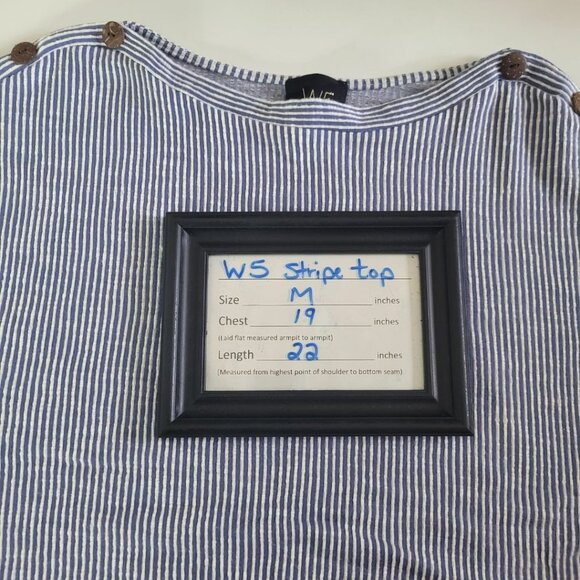 W5 Blouse Button Short Sleeve Striped Vertical Blue White Womens Medium - Picture 8 of 13